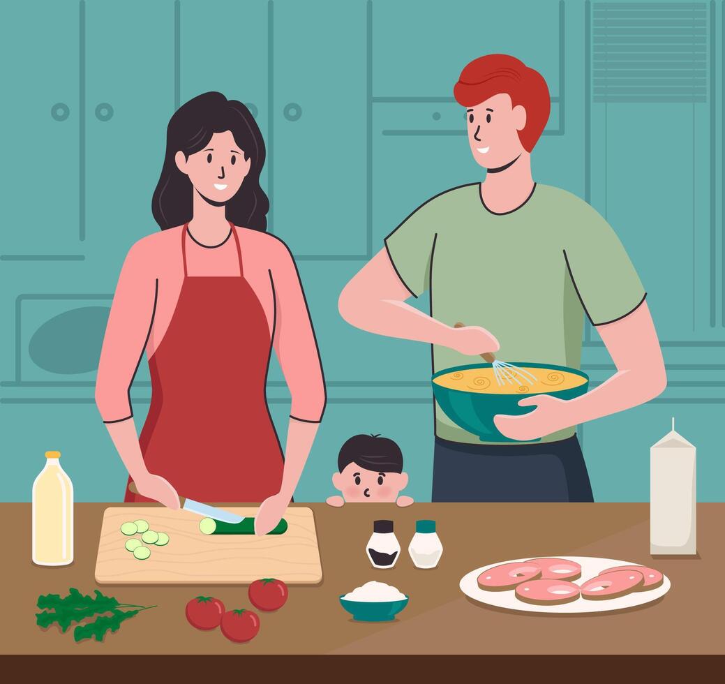 Cartoon Color Characters Couple with Child Cooking in Kitchen. vector