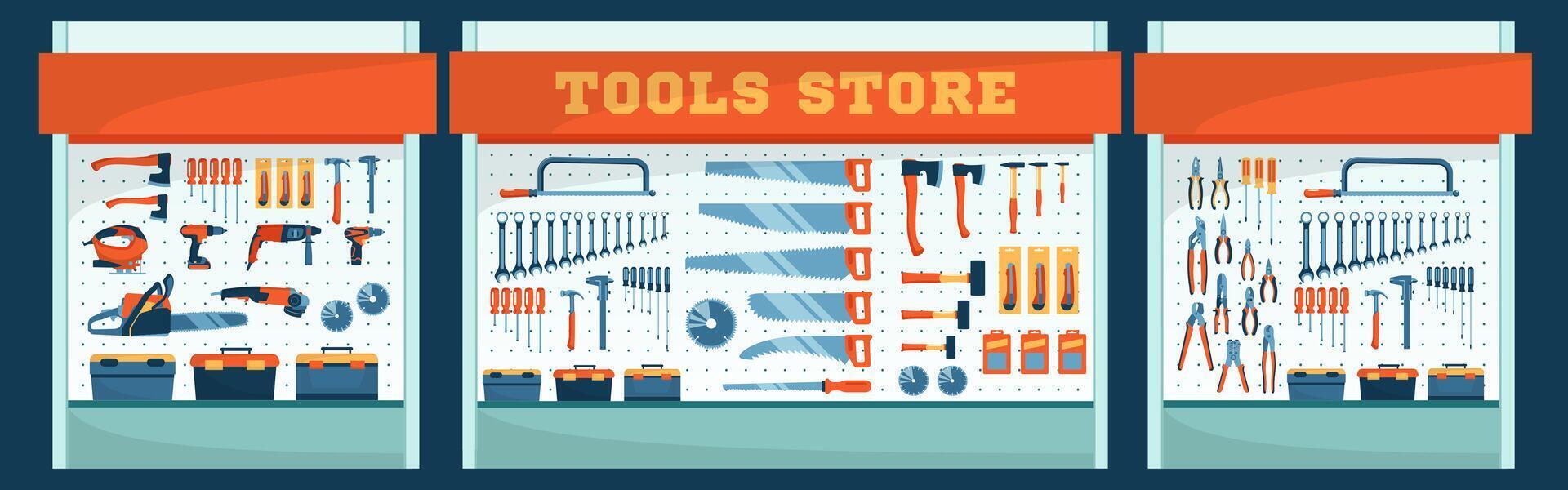 Cartoon Color Showcase Set of Tool Store. vector