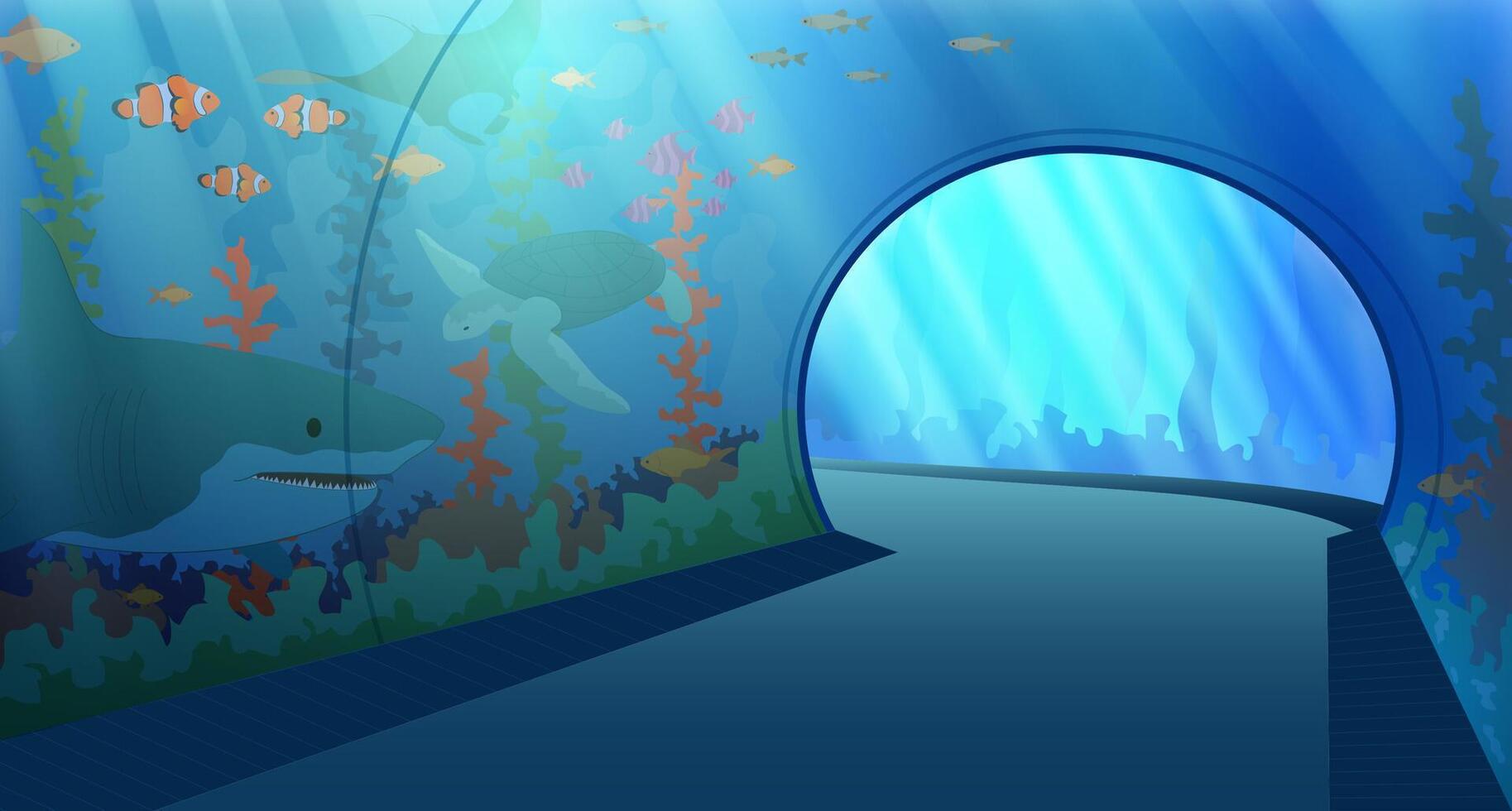 Cartoon Color Oceanarium Interior Inside Concept. vector