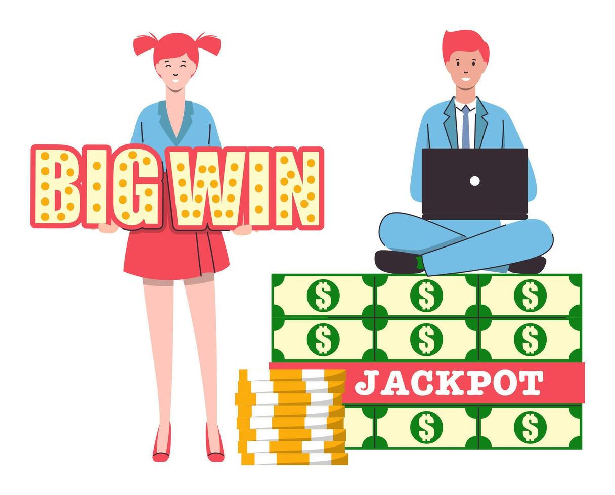 Cartoon Color Characters People and Big Win Casino Concept. vector