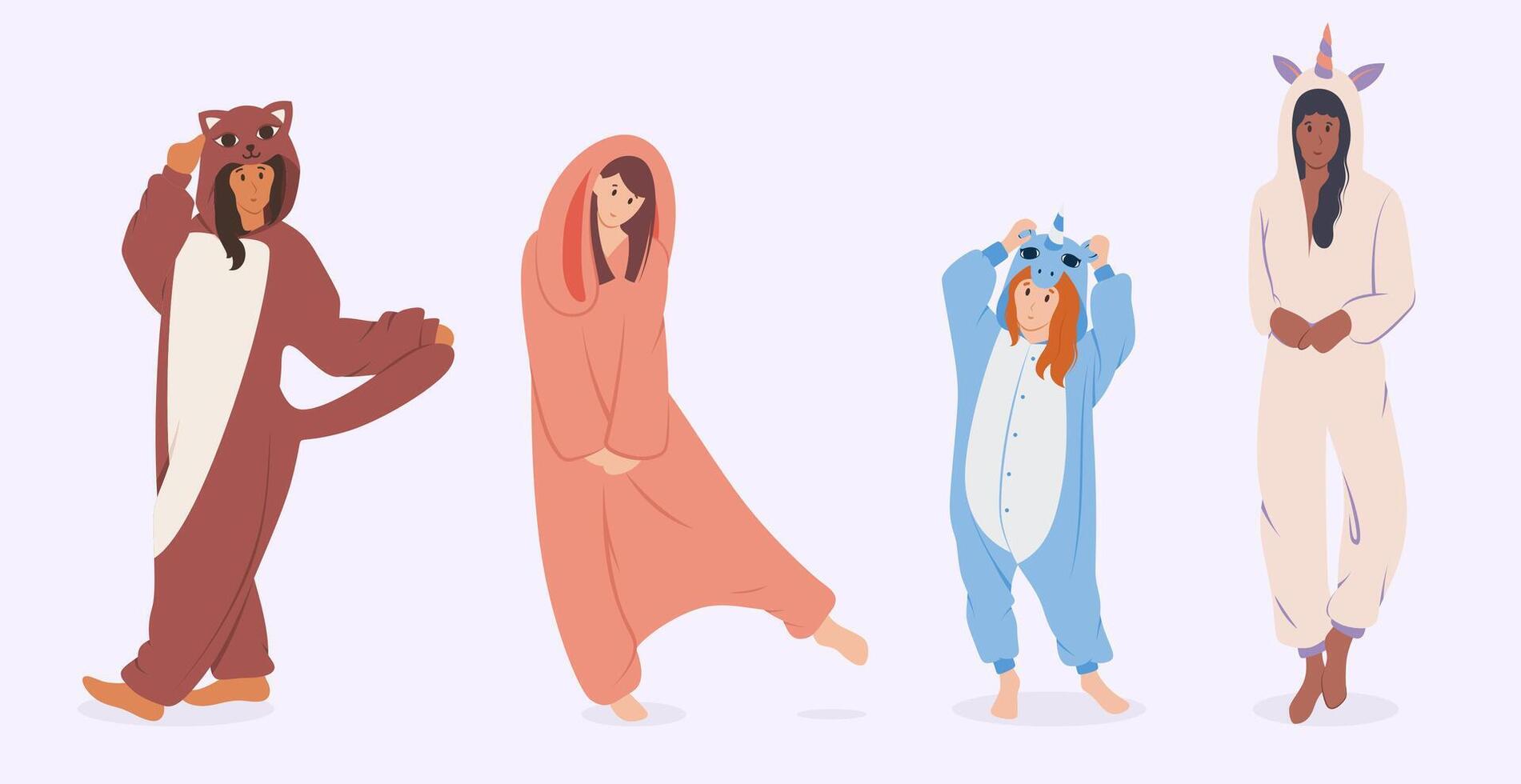 Cartoon Color Characters Girls in Pajamas Concept. vector