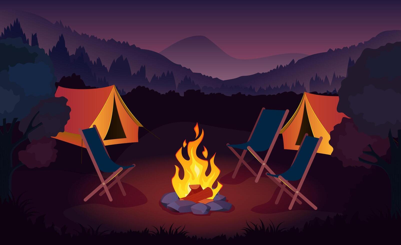 Cartoon Color Tented Camp and Campfire at Night Concept. vector