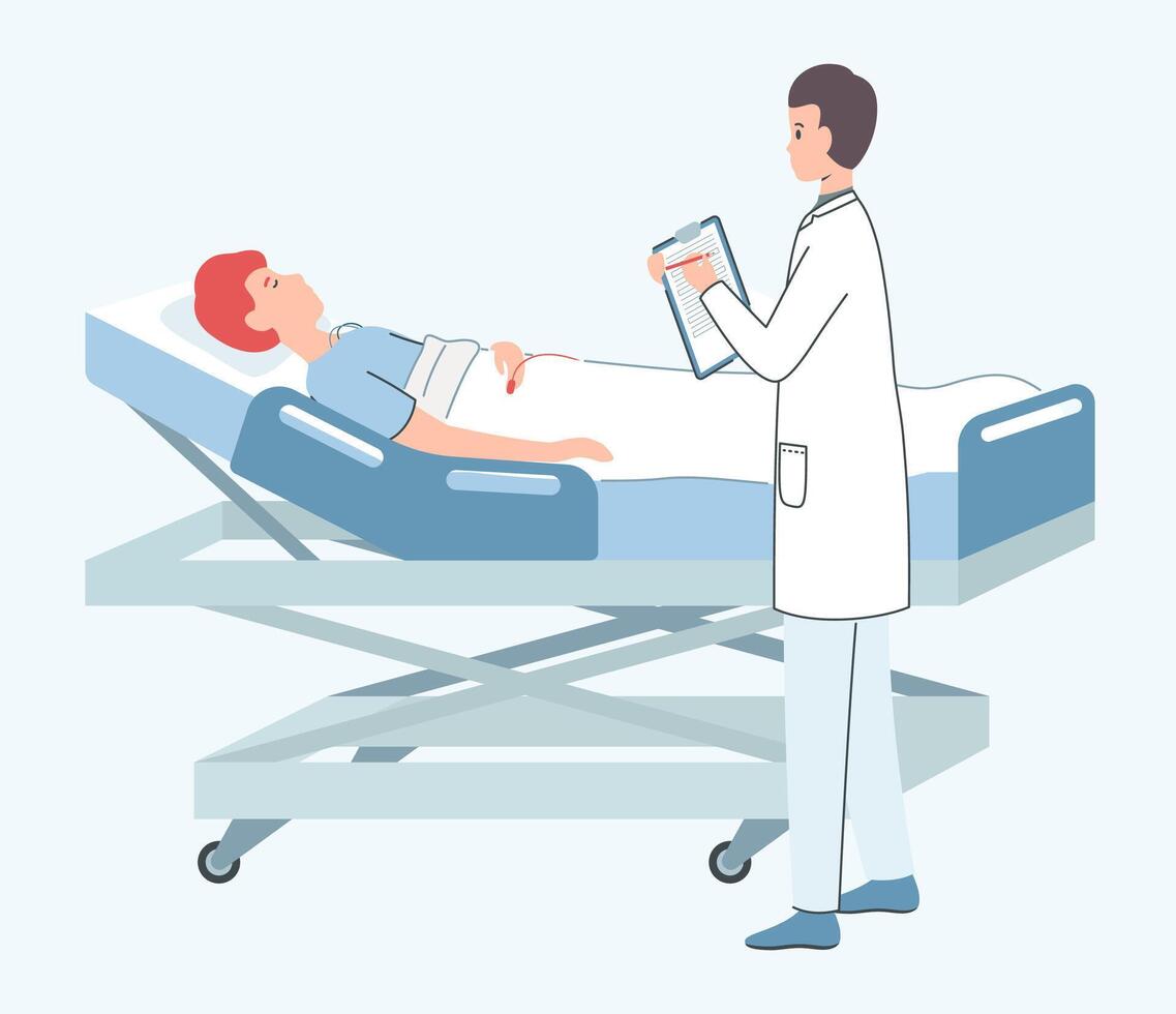 Cartoon Color Character Doctor is Visiting a Man Lying on Bed Concept. vector