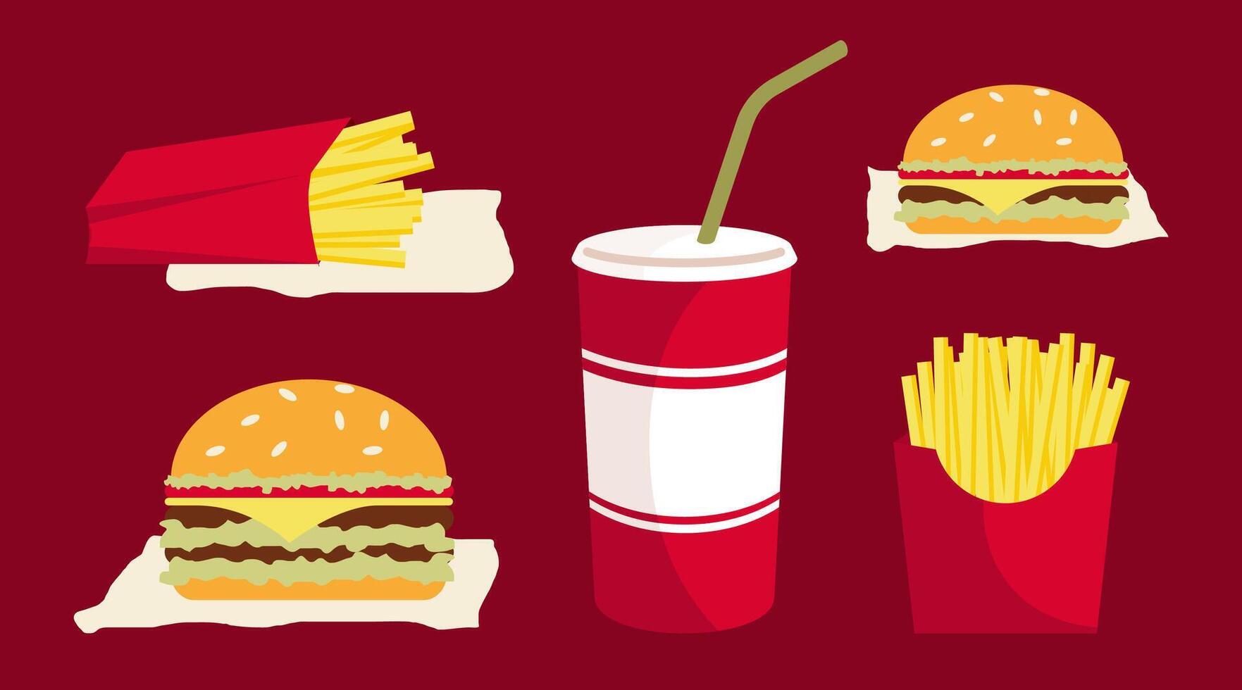 Cartoon Color Different Types Fast Food Set. vector