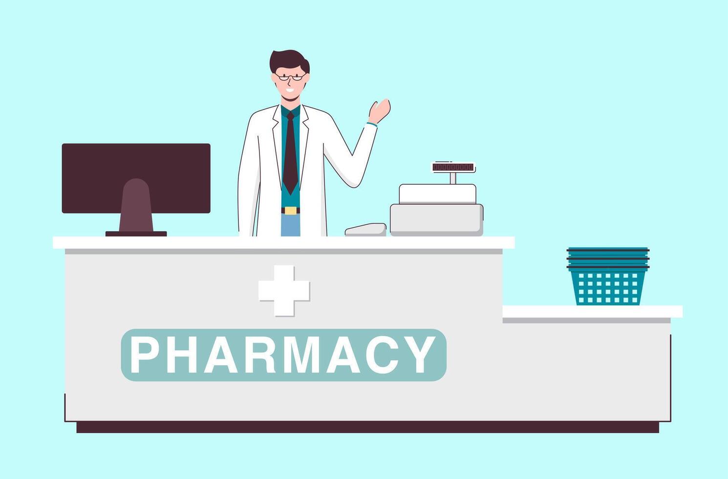 Cartoon Color Character Person Male Pharmacist Checkout Concept. vector