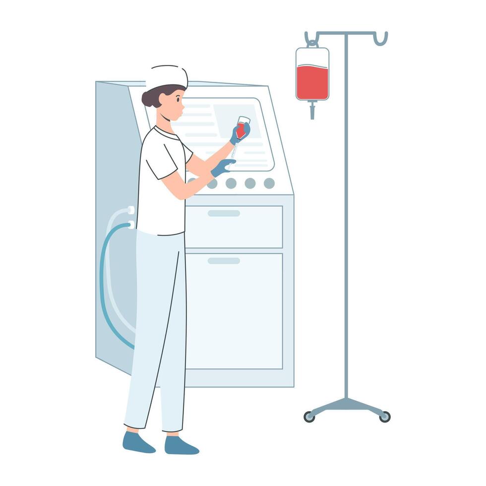 Cartoon Color Character Woman Medical Worker and Bag Infusion Clinic Concept. vector