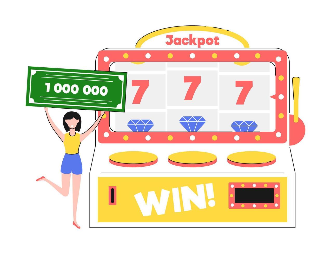 Cartoon Character Girl Slot and Machine with One Arm Casino Concept. vector