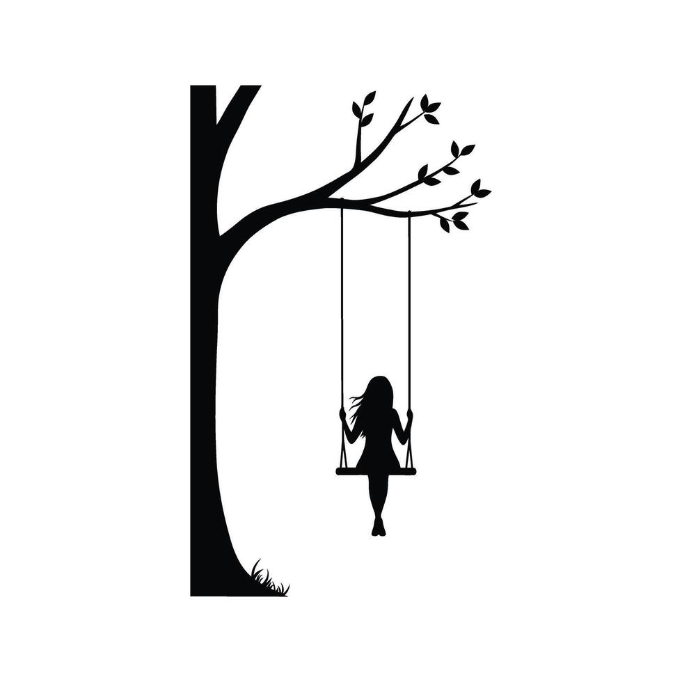 Silhouette of girl on swing hanging on tree black and white illustration vector