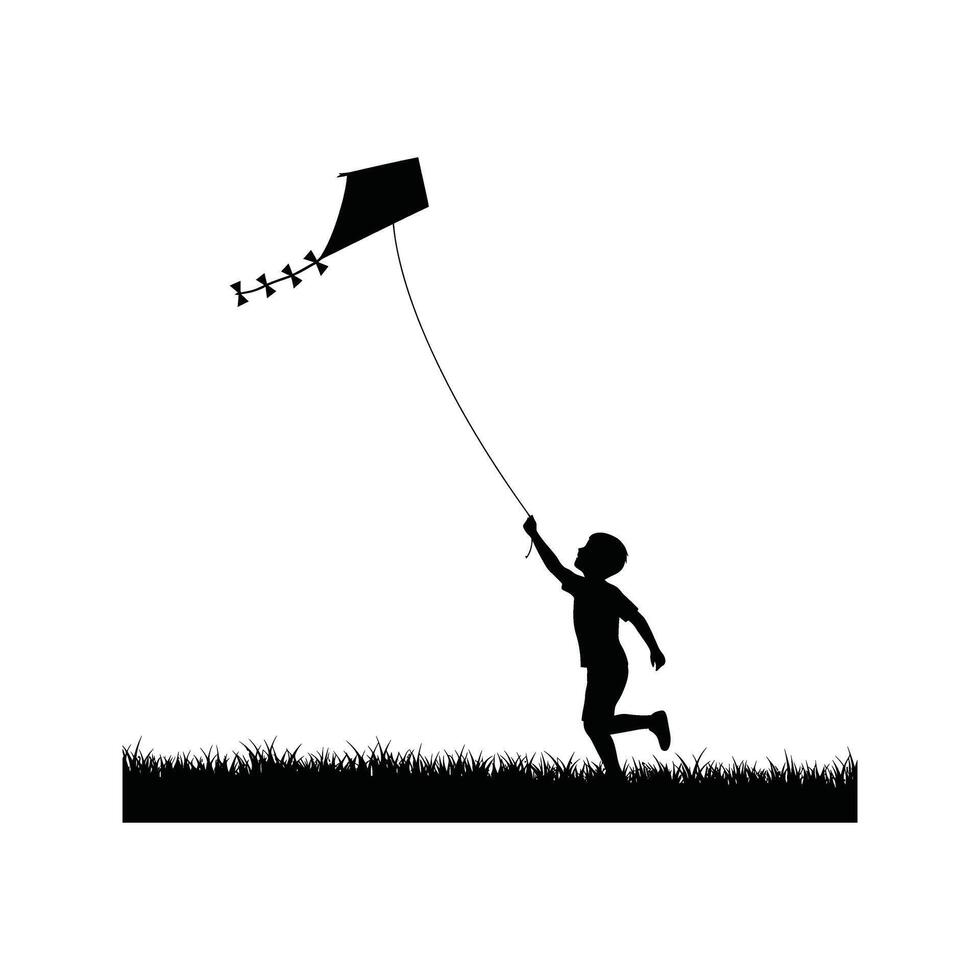 Silhouette of a Child Flying a Kite Black and White Illustration vector