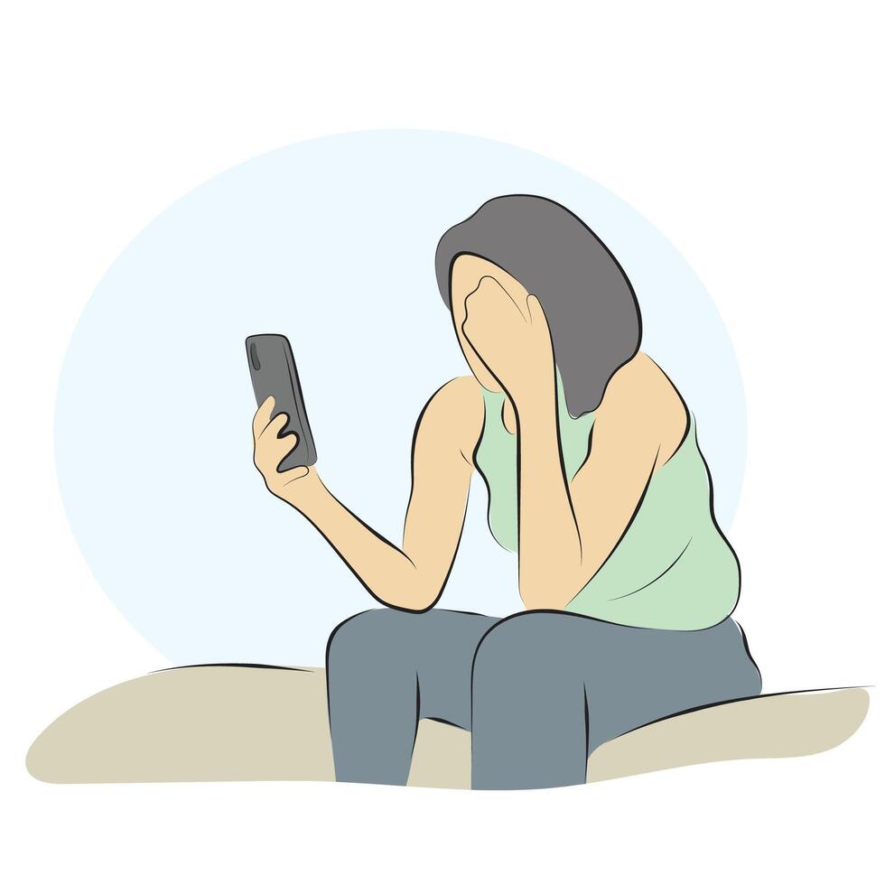 woman holding mobile phone with sadness illustration hand drawn with black lines isolated on white background. vector
