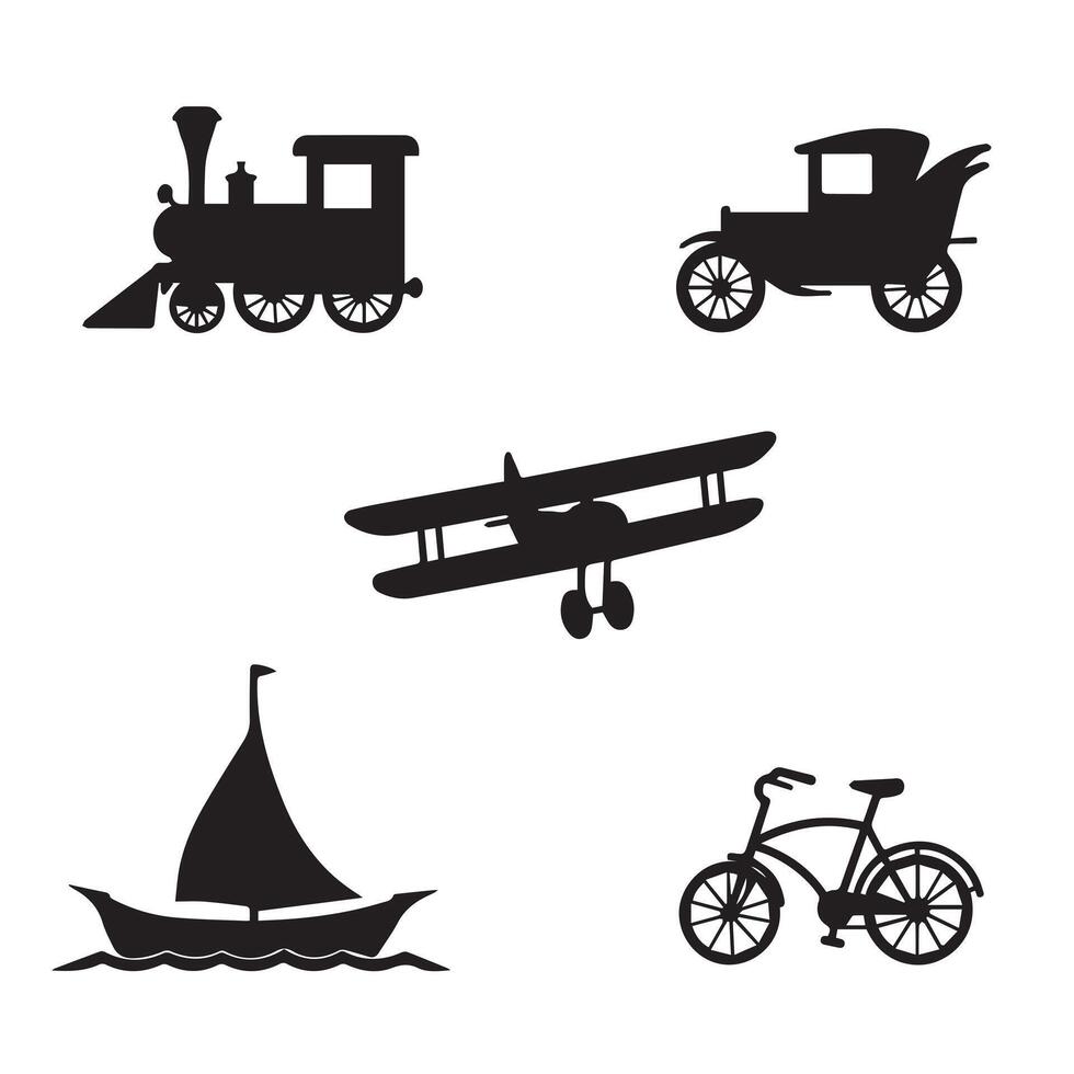 silhouetted vintage and modern transportation vehicles vector