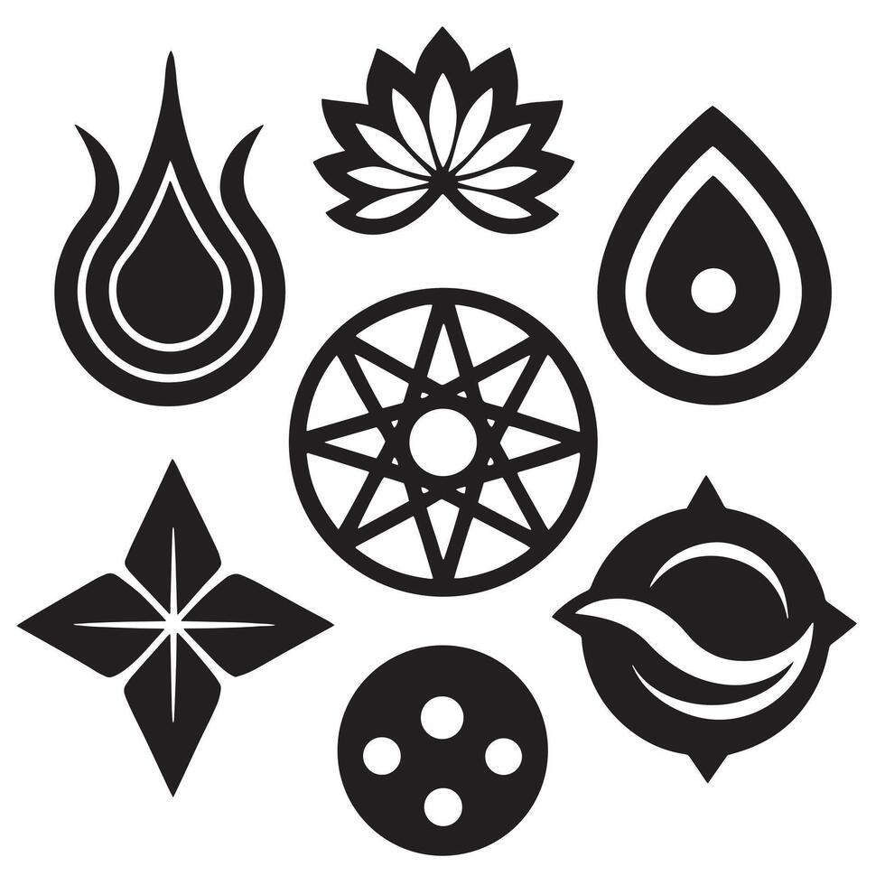 Collection of seven distinct black and white abstract geometric and nature inspired symbols arranged on a white background vector