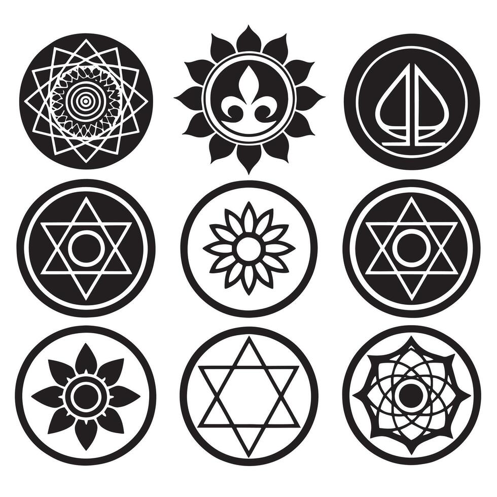 Collection of nine circular black and white geometric and floral symbols arranged in a three by three grid vector