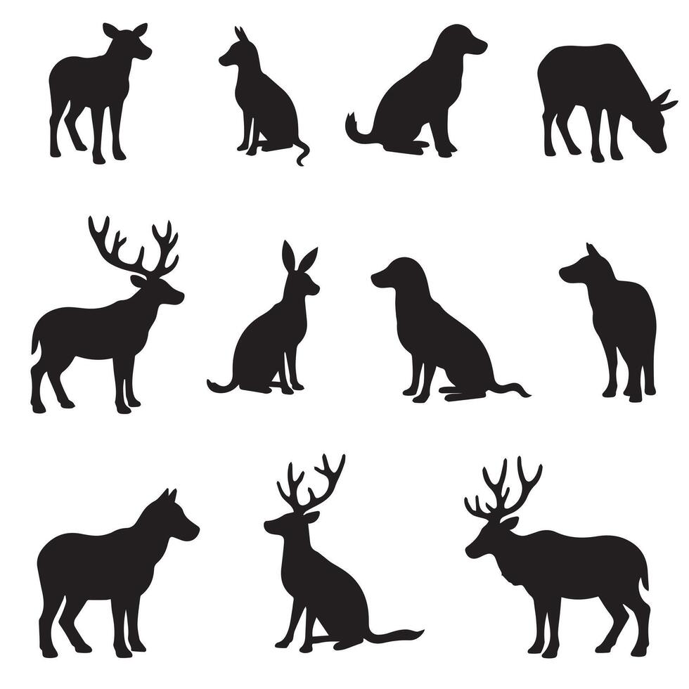 Collection of black silhouette animal poses featuring deer dogs and rabbits against a white background vector