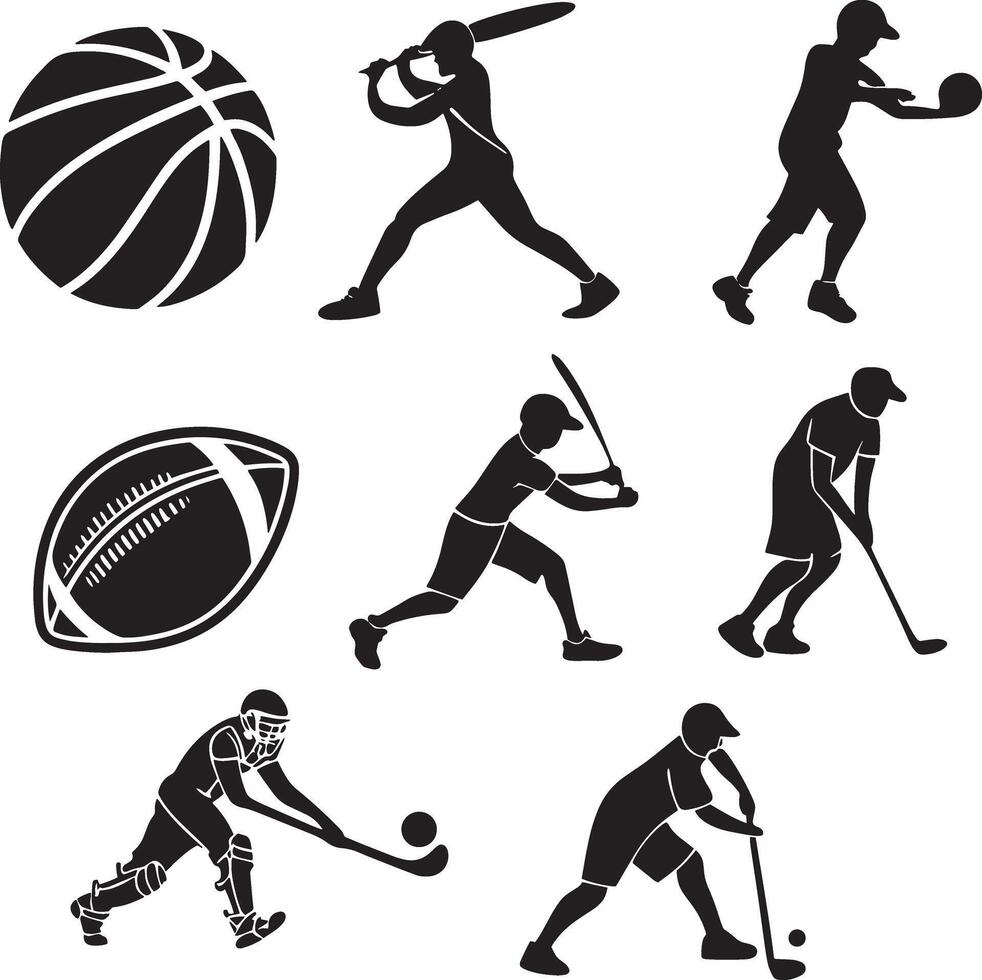Collection of black silhouettes depicting athletes engaged in various popular sports and games vector