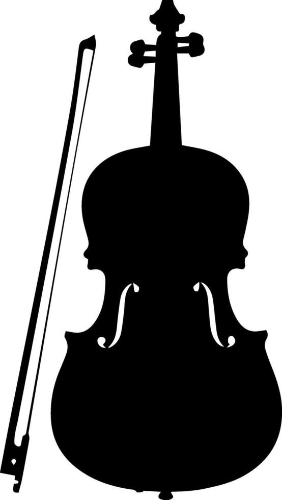 A stark black silhouette of a violin and its bow rests against a clean white background vector