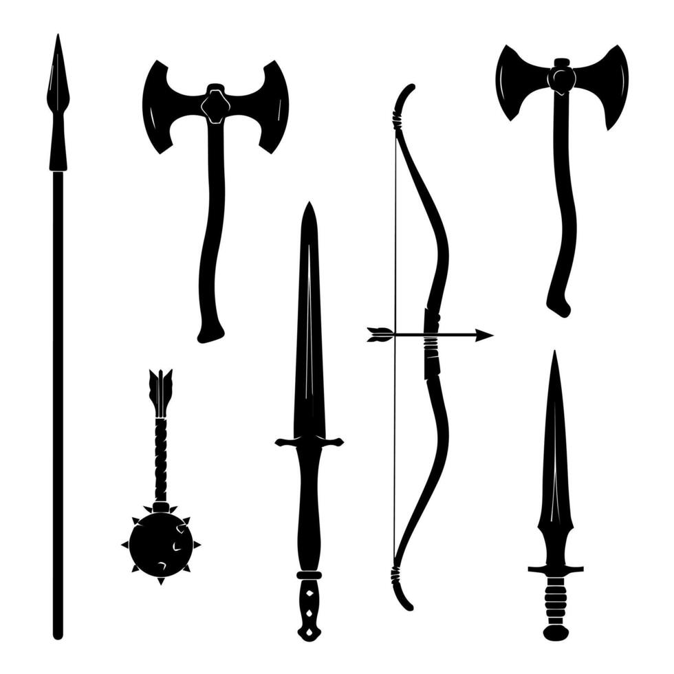 A graphic illustration displays a variety of historical weaponry in silhouette. The collection features a spear, double-headed axes, a mace, swords, and a bow with an arrow. vector