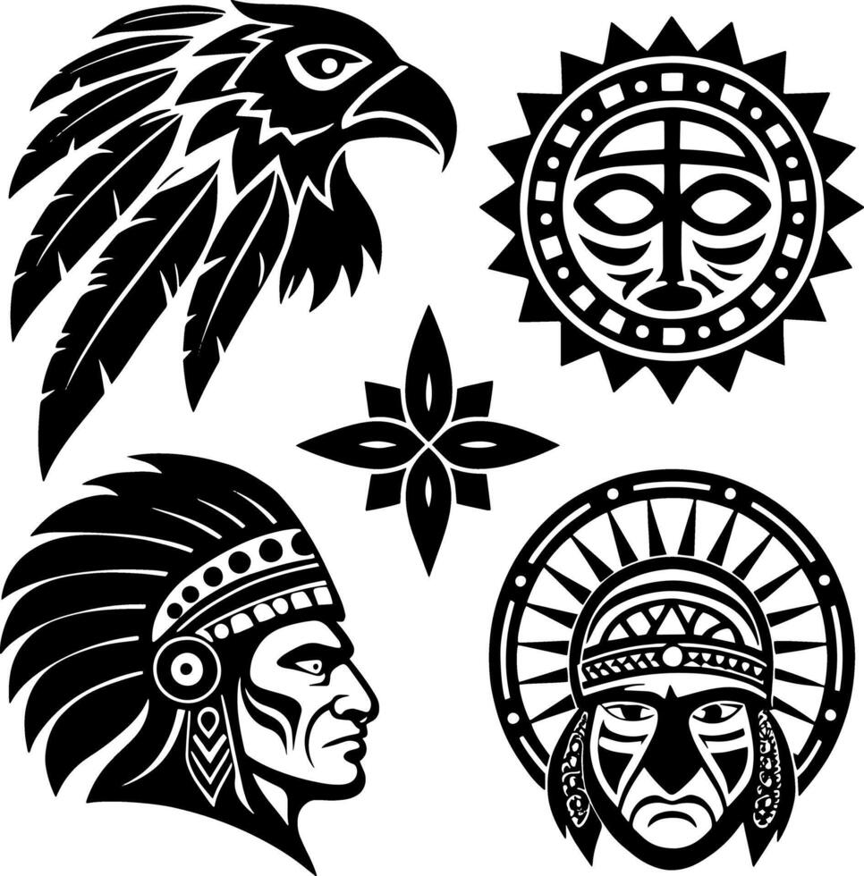Tribal tattoo designs featuring eagle head native american chief and sun symbols vector