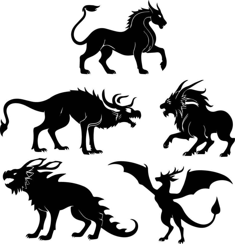 Mythical creature silhouettes featuring dragons and beastly forms vector