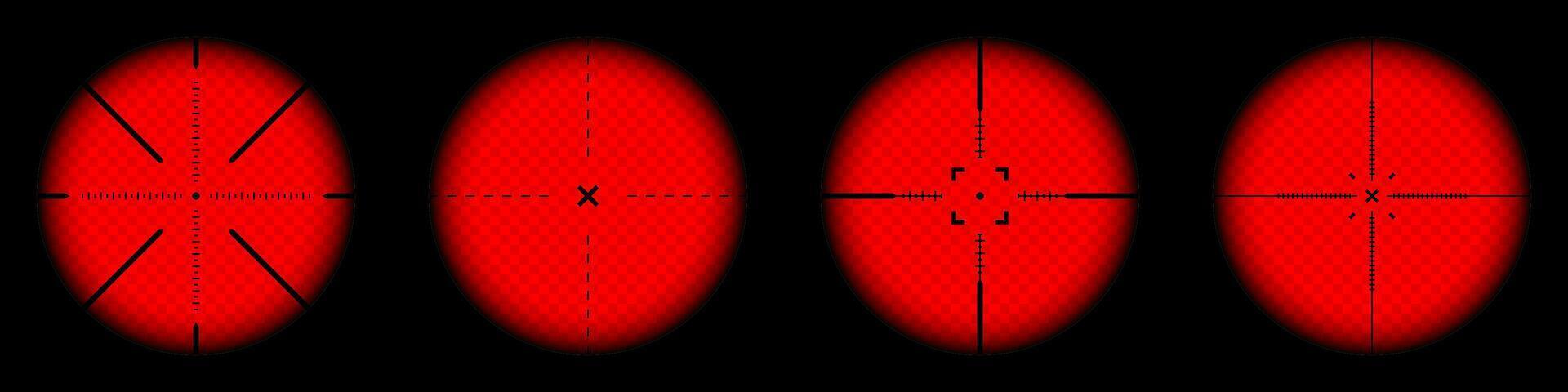 Various weapon thermal infrared sights, sniper rifle optical scopes. Hunting gun viewfinder with crosshair. Aim, shooting mark symbol. Military target sign. Game UI element. illustration vector