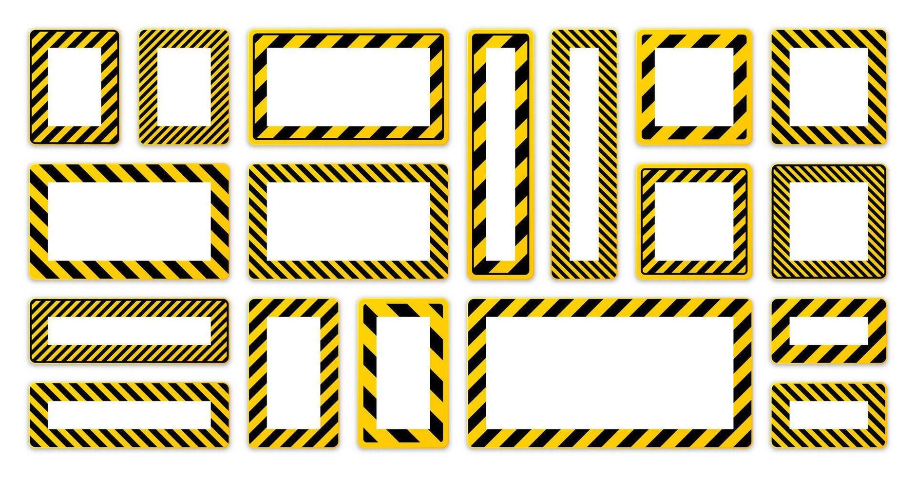 Various blank warning signs with diagonal lines. Red attention, danger or caution sign, construction site signage. Realistic notice signboard, warning banner, road shield. illustration vector