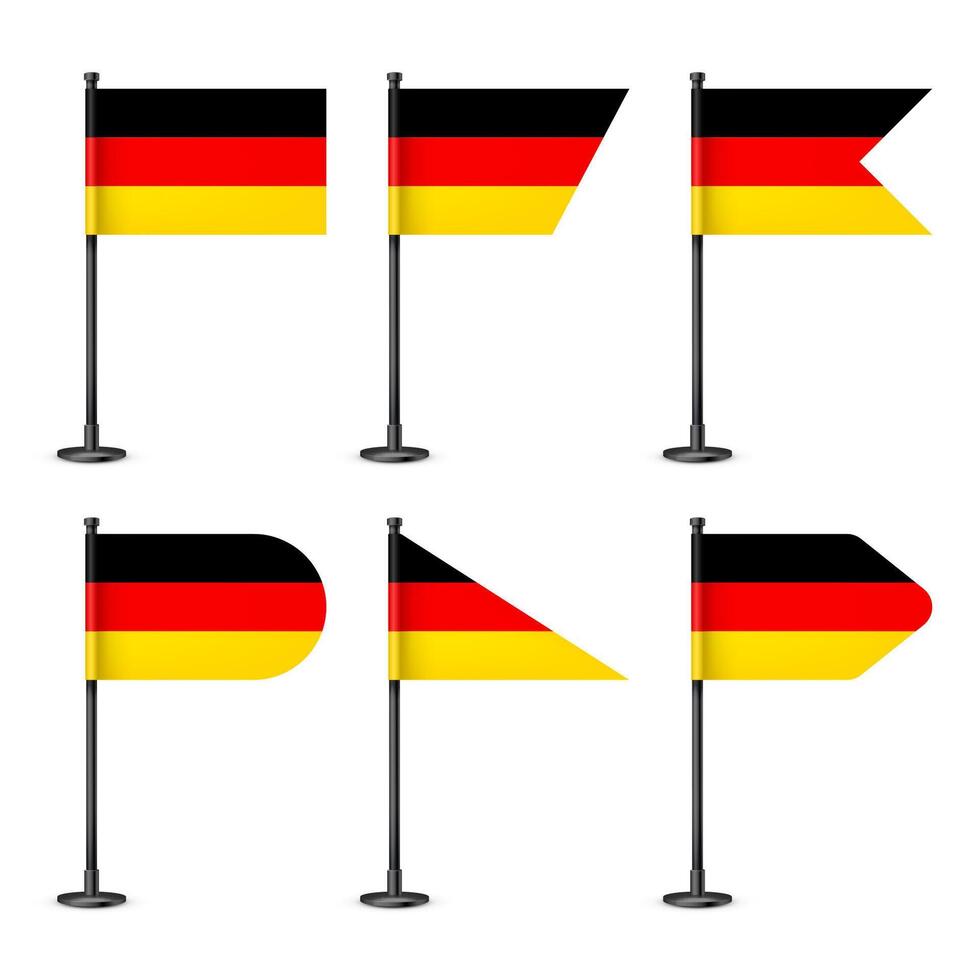 Realistic various German table flags on a black steel pole. Souvenir from Germany. Desk flag made of paper or fabric, shiny metal stand. Mockup for promotion and advertising. illustration vector