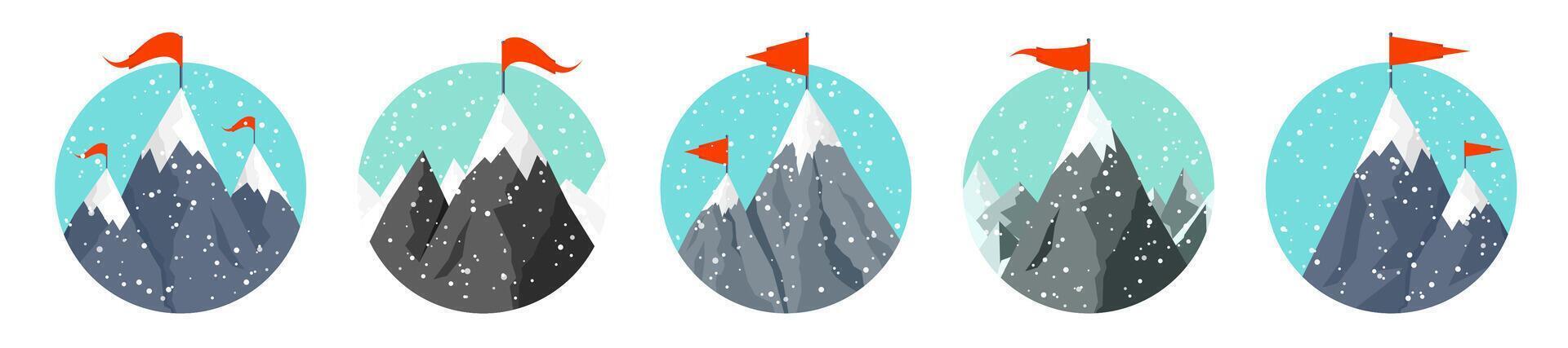 Set of snowy mountains in flat style. Winter rocky mountain landscape. Outdoor travel and tourism, hiking. Climbing on mountain peak. illustration. vector