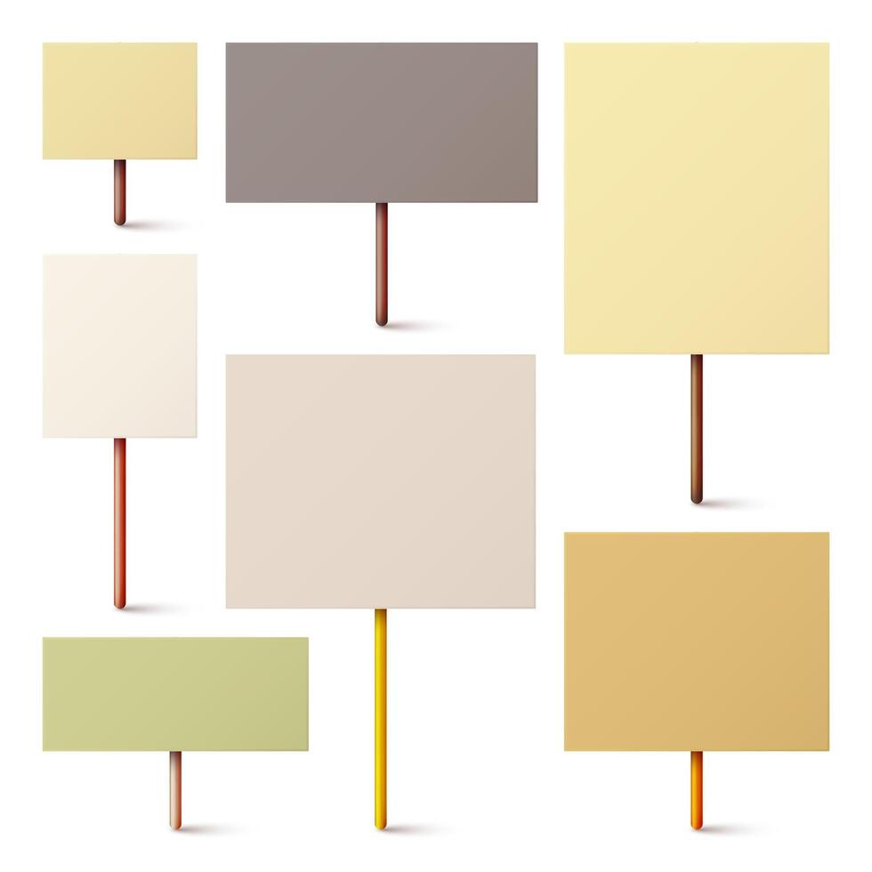 Blank colorful protest sign with wooden holder. Realistic demonstration banner. Strike action cardboard placard mockup vector