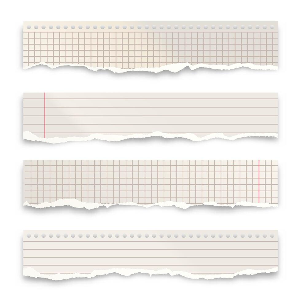 Ripped paper strips isolated on white background. Realistic crumpled paper scraps with torn edges. Lined shreds of notebook pages. illustration. vector