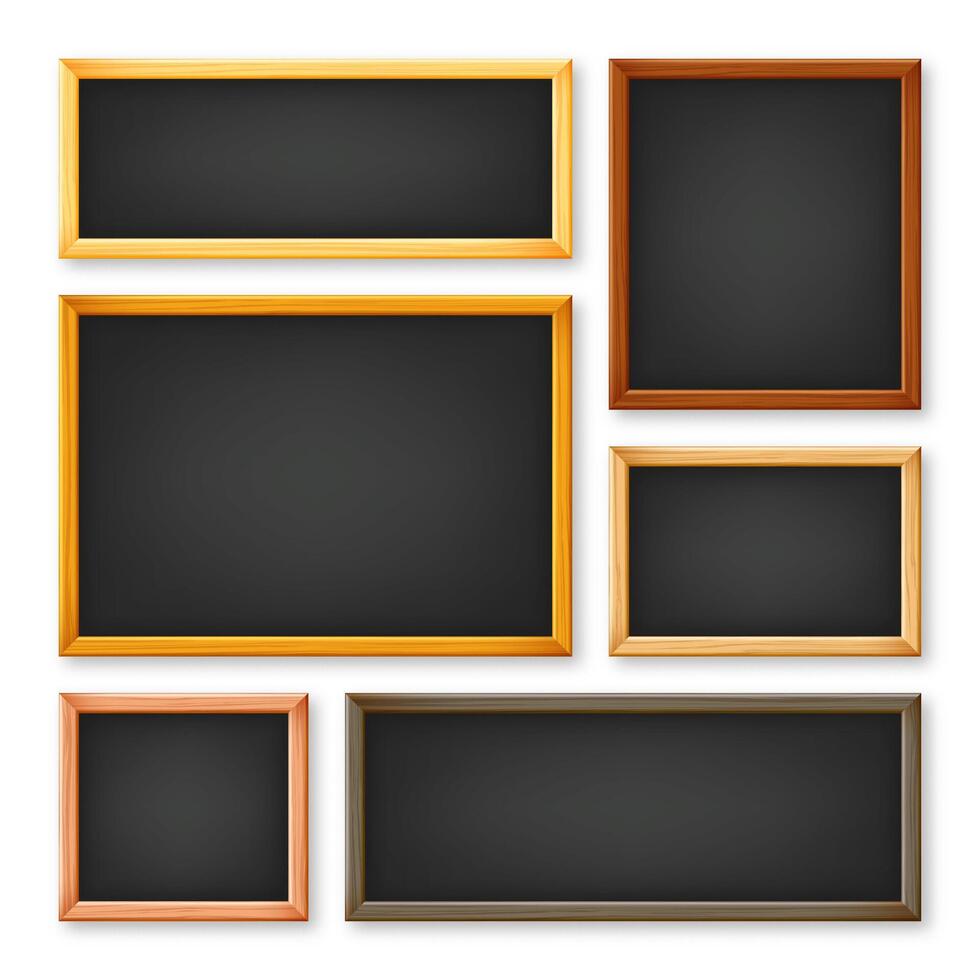 Realistic various chalkboards in a wooden frame. Black restaurant menu board. School blackboard, writing surface for text or drawing. Blank advertising or presentation boards. illustration vector