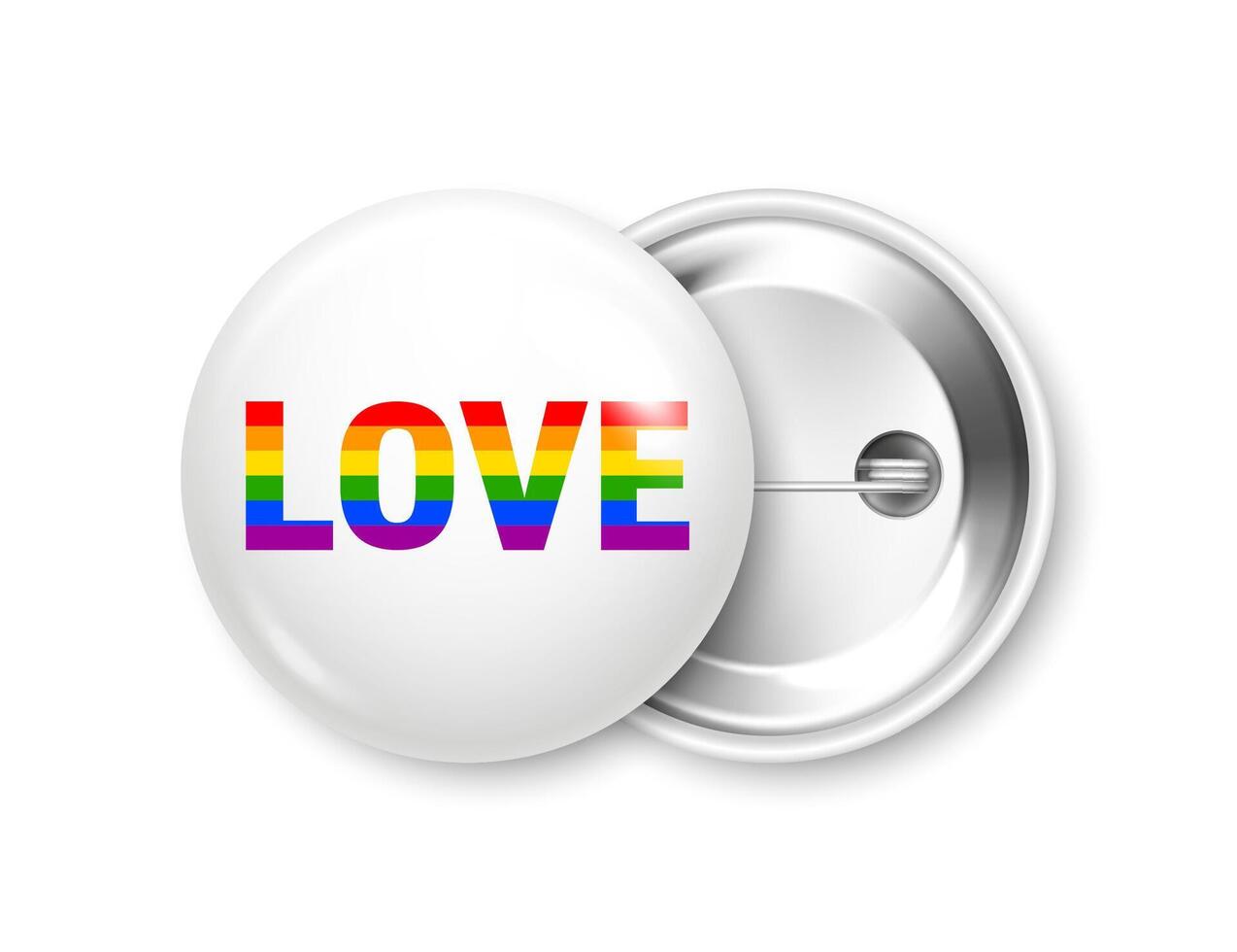 Realistic white badge with LGBTQ rainbow flag. Lesbian, gay, bisexual, transgender love symbol, pride month. 3D glossy round button. Pin badge mockup. illustration vector