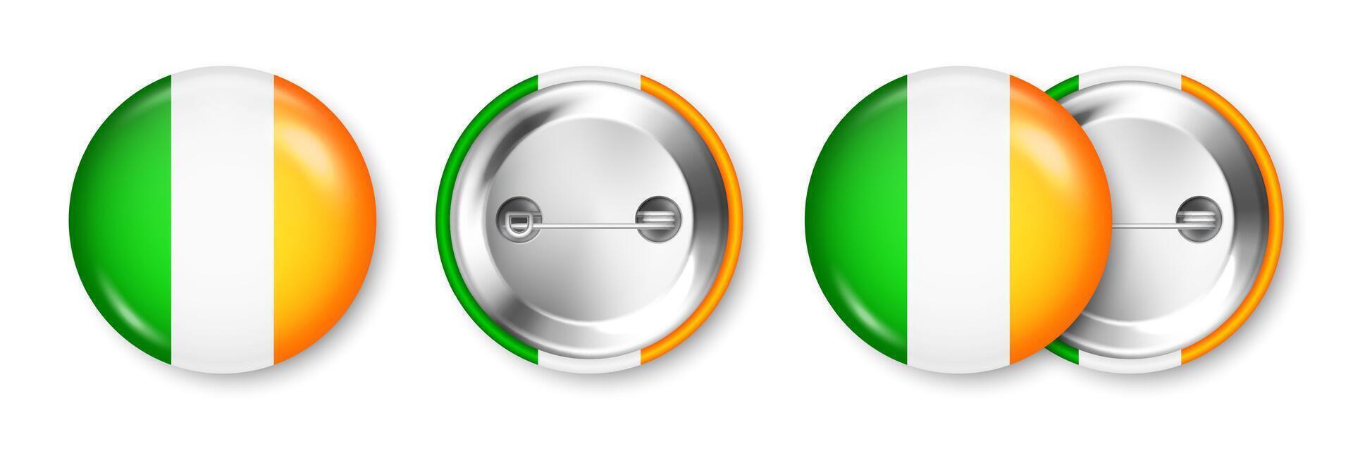 Realistic button badge with printed Irish flag. Souvenir from Ireland. Glossy pin badge with shiny metal clasp. Product mockup for advertising and promotion. illustration vector