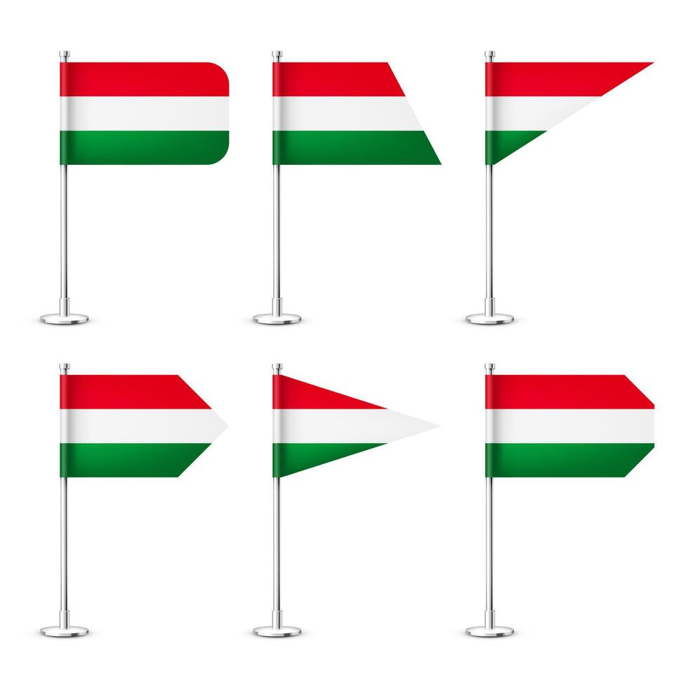 Realistic various Hungarian table flags on a chrome steel pole. Souvenir from Hungary. Desk flag made of paper or fabric, shiny metal stand. Mockup for promotion and advertising. illustration vector