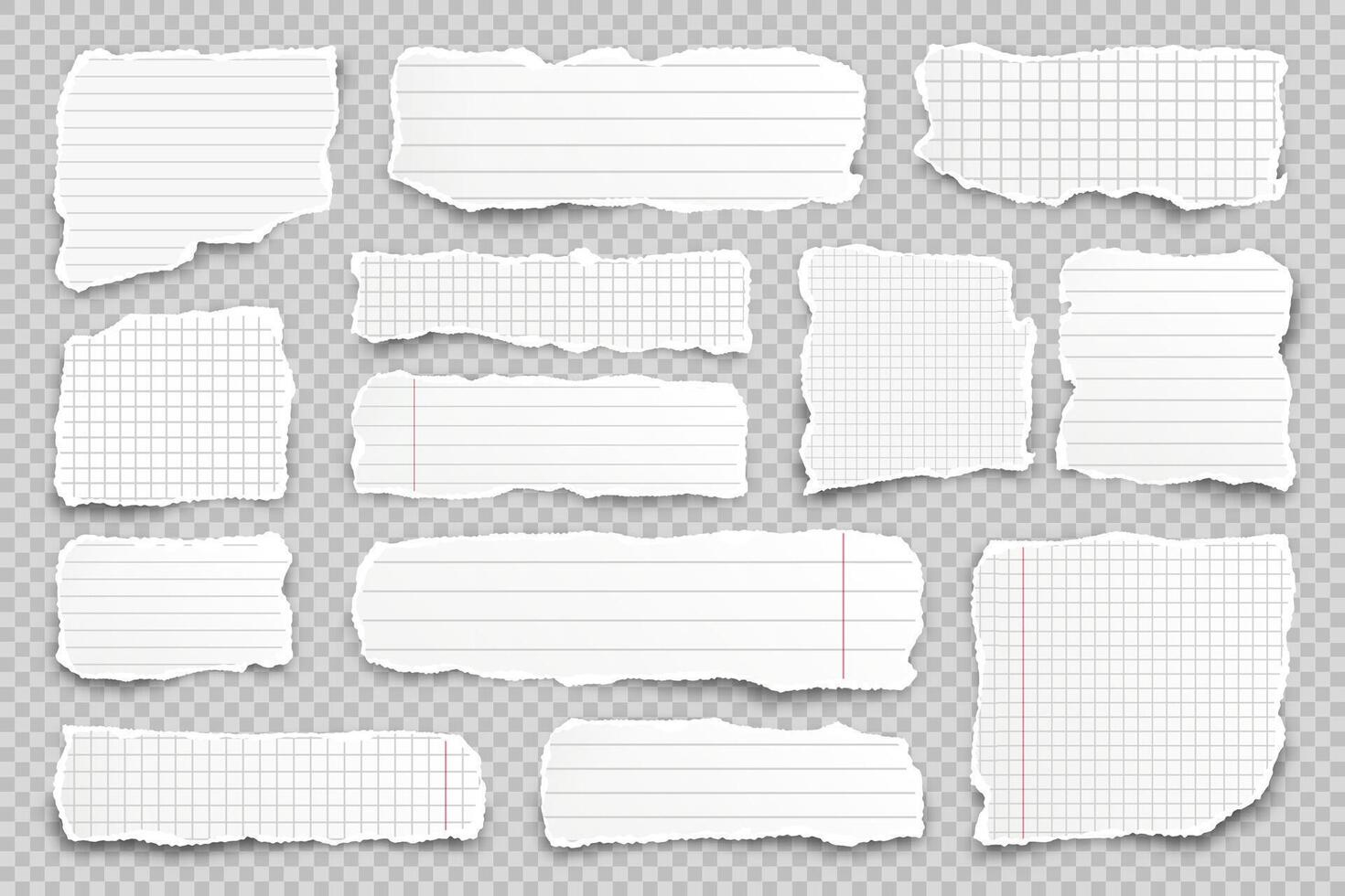 Ripped paper strips on transparent background. Realistic crumpled paper scraps with torn edges. Lined shreds of notebook pages. illustration. vector
