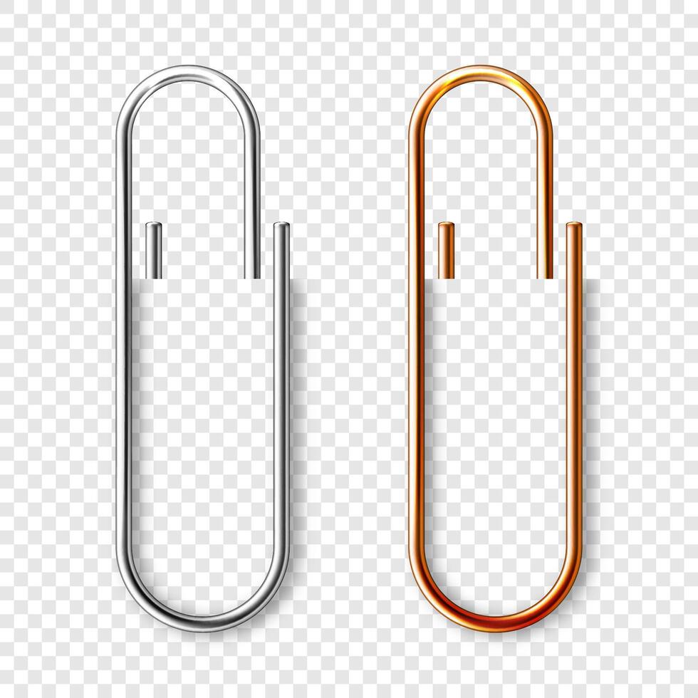 Realistic copper and steel paperclips attached to paper. Shiny metal paper clip, page holder, binder. Workplace office supplies. illustration vector
