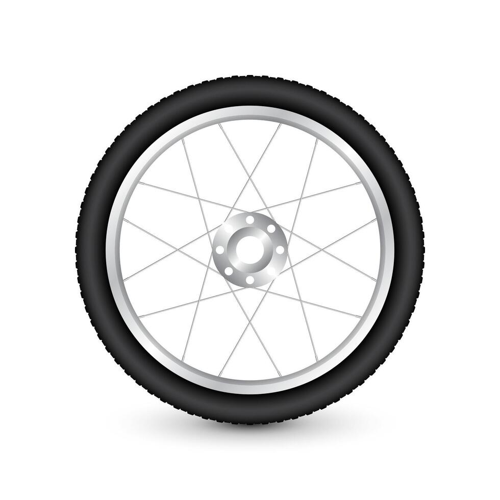 3d bicycle wheel. Bike rubber tire, shiny metal spokes and rim. Fitness cycle, touring, sport, road and mountain bike. illustration vector