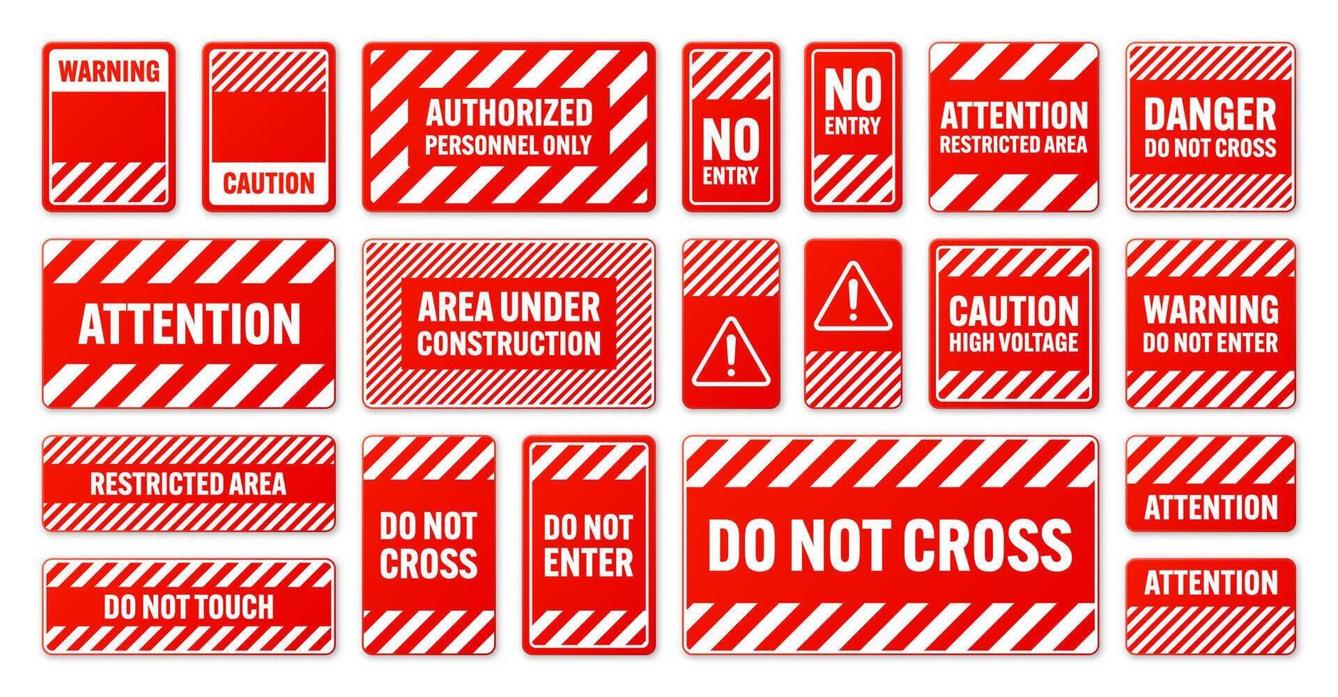 Various white and red warning signs with diagonal lines. Attention, danger or caution sign, construction site signage. Realistic notice signboard, warning banner, road shield. illustration vector