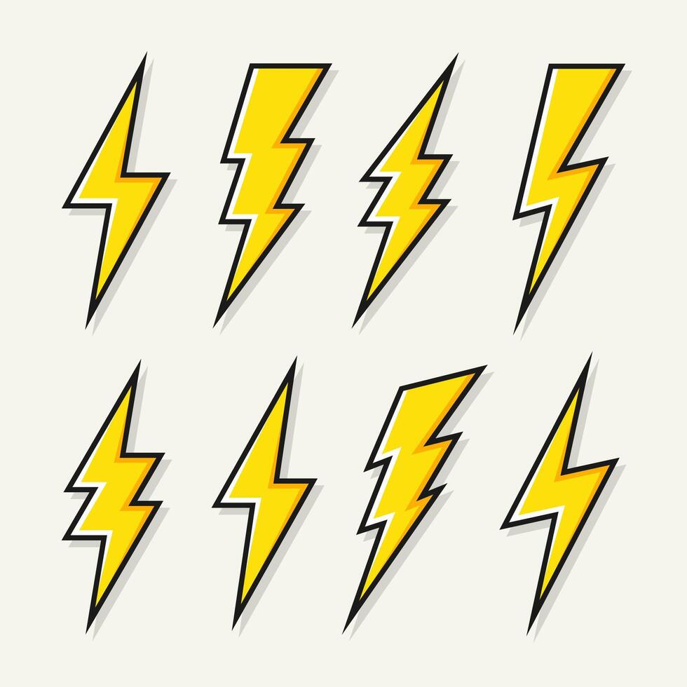 Yellow lightning bolt icons collection. Flash symbol, thunderbolt. Simple lightning strike sign. illustration. vector