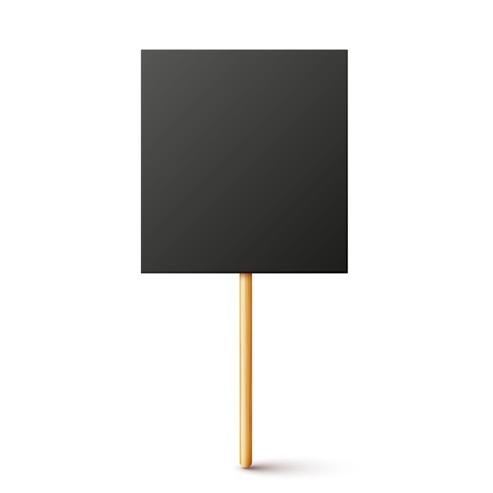 Blank black protest sign with wooden holder. Realistic demonstration banner. Strike action cardboard placard mockup. vector