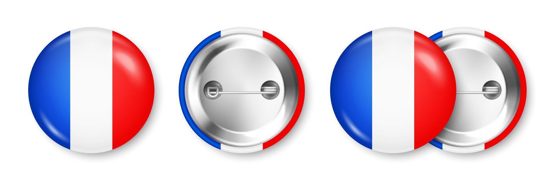 Realistic button badge with printed French flag. Souvenir from France. Glossy pin badge with shiny metal clasp. Product mockup for advertising and promotion. illustration vector