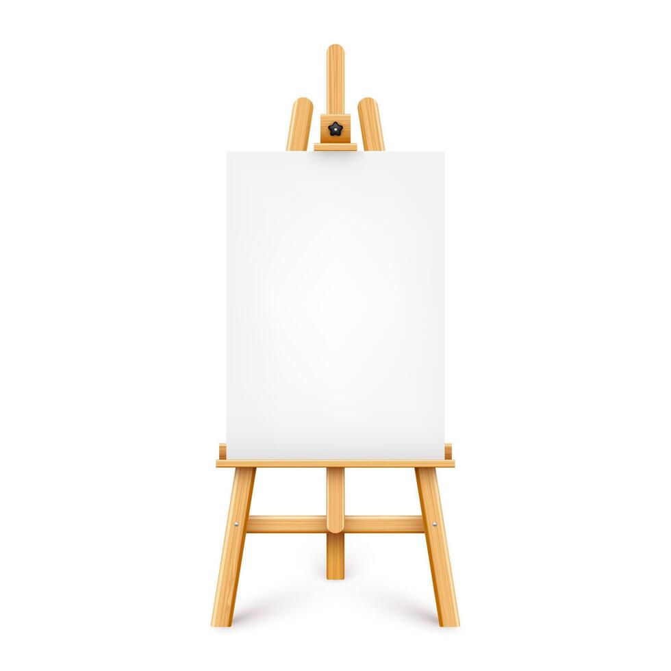 Realistic paint desk with blank white canvas. Wooden easel and a sheet of drawing paper. Presentation board on a tripod. Artwork mockup, template. illustration vector