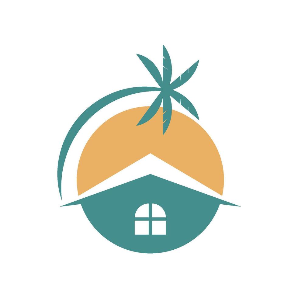 A house with palm trees and a sun in the background vector