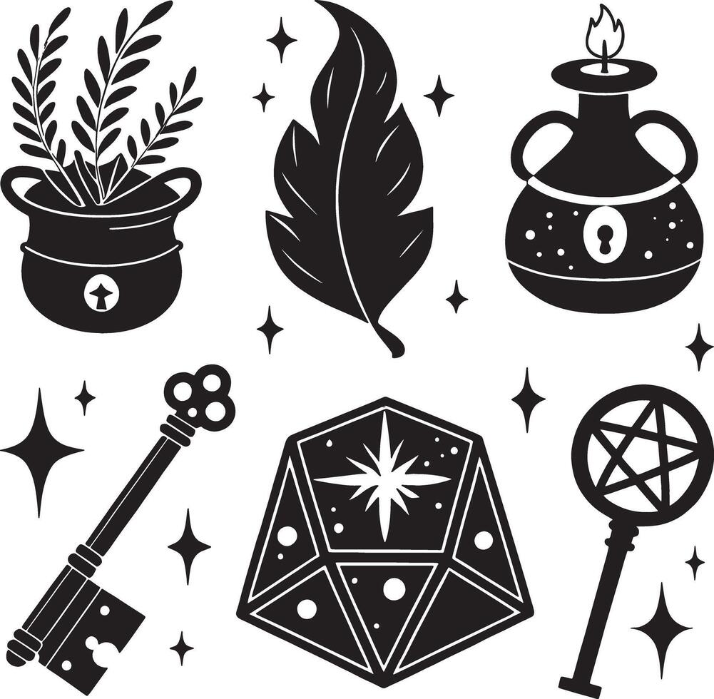 Mystical symbols collection featuring a plant pot feather candle key d20 die and pentagram wand vector