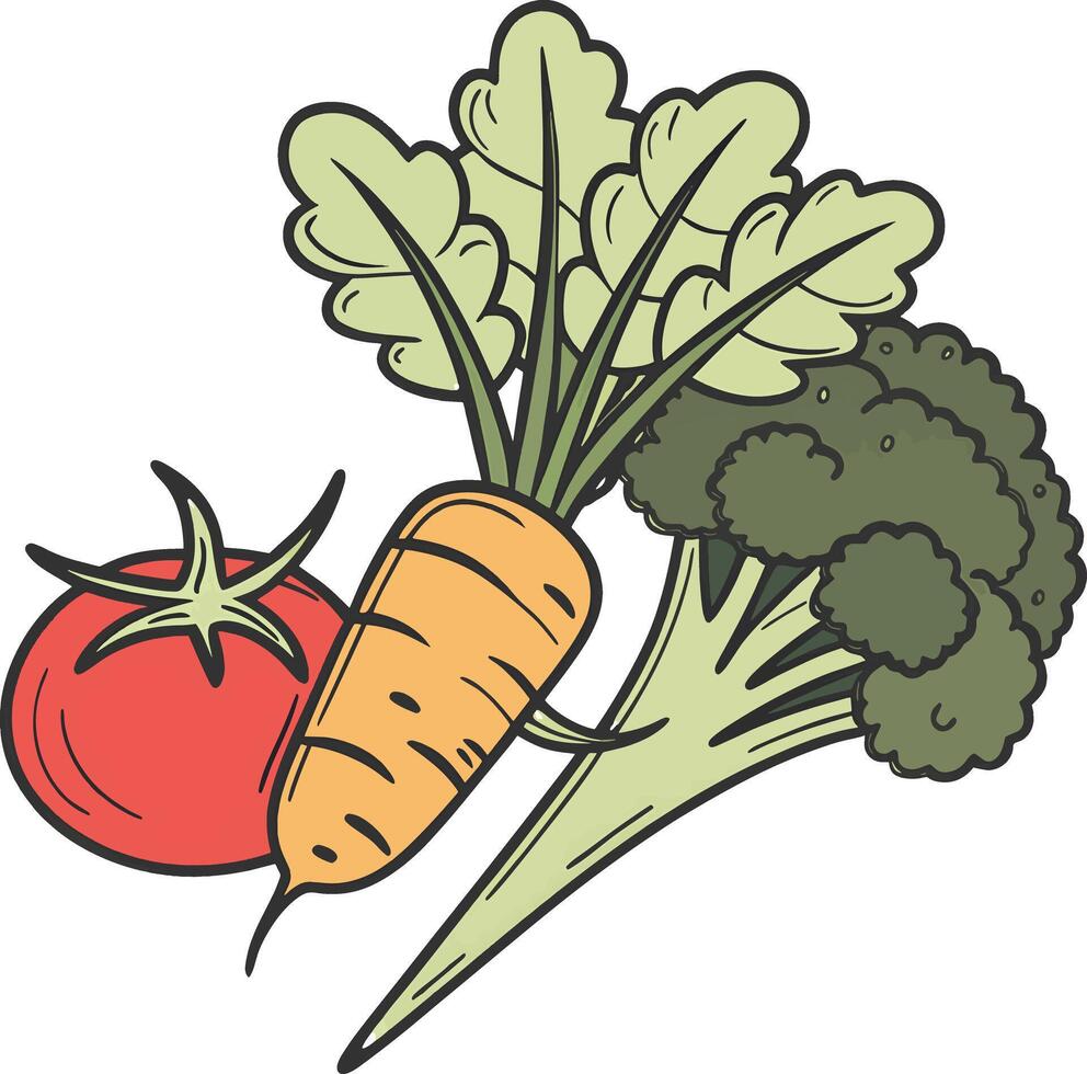 A vibrant cartoon illustration features a red tomato an orange carrot with green leaves and a green broccoli floret vector