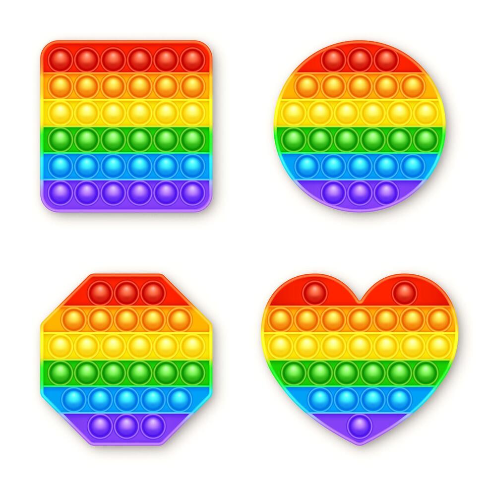 Colorful silicone anti-stress pop it toy isolated on white background. Trendy sensory game for children. Rainbow push pop fidget toy with brightly colored popping bubbles. illustration vector