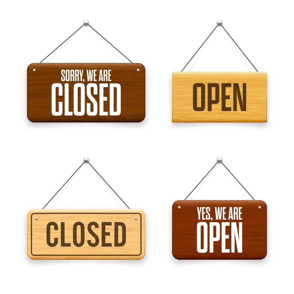 Wooden open or closed hanging signboards. Made of wood door sign for cafe, restaurant, bar or retail store. Announcement banner, information signage for business or service. illustration vector