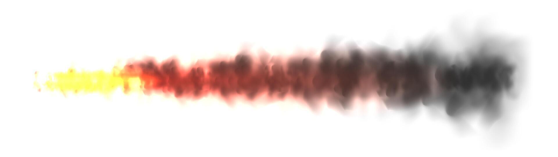 Realistic black smoke with fire, space rocket launch trail. Fire burst, explosion. Missile or bullet trace. Jet aircraft track. Smoke clouds, fog. Steam flow. illustration vector