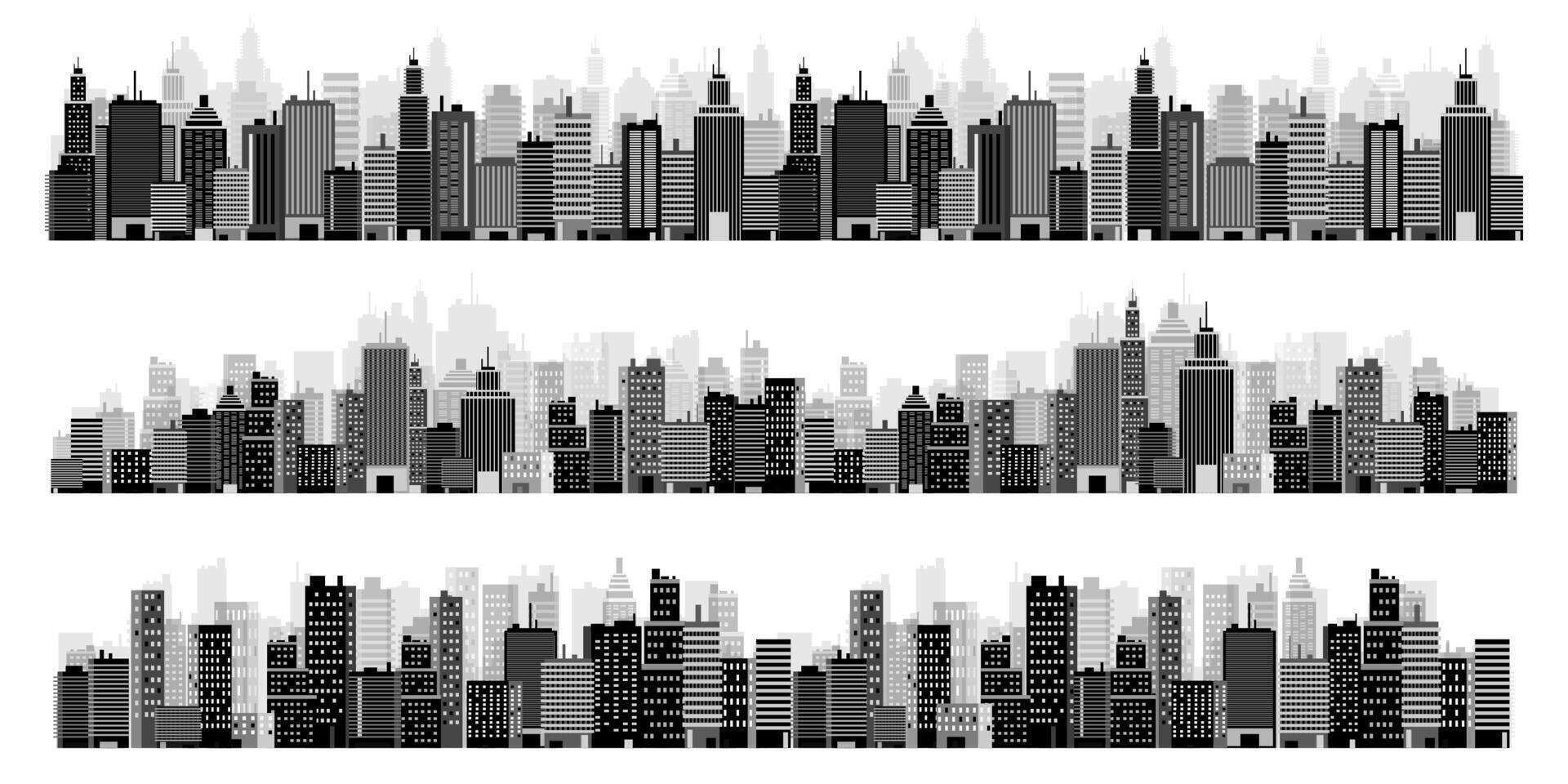 Set of city silhouettes. Cityscape. Town skyline. Panorama. Midtown houses skyscrapers. illustration. vector