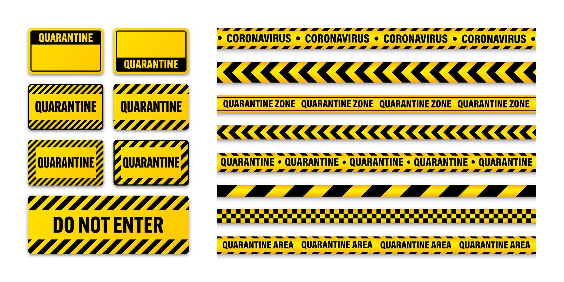 Various quarantine zone warning tapes and shields. Novel coronavirus outbreak. Global lockdown. Coronavirus danger stripe. Police caution line, restricted area. Construction tape. illustration vector