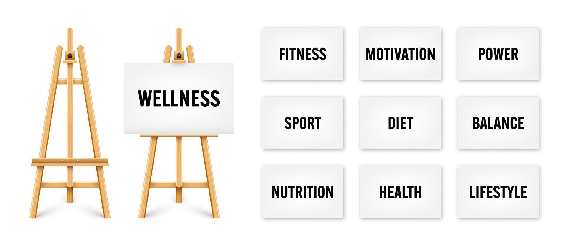 Realistic paint desk with text on white canvas. Wooden easel and a sheet of drawing paper. Presentation board on a tripod. Wellness, healthy lifestyle and motivation. illustration vector
